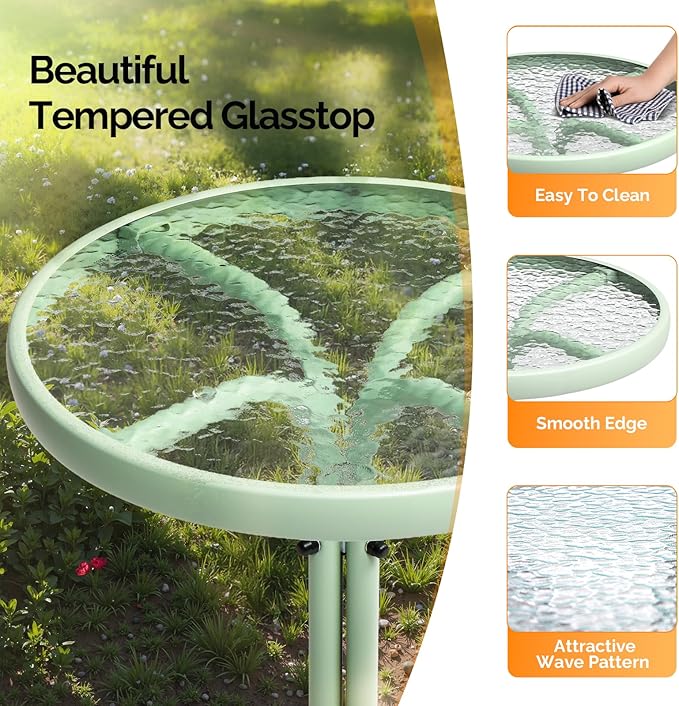 VINGLI Outdoor Side Table, 18" Patio Table Steel Frame Tempered Glass Top, Weatherproof Small Tables for Balcony Garden Poolside (Green, Round)