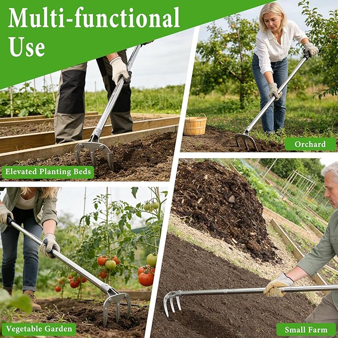Hand Rake Garden Tool - 75" Long Handle Potato Cultivator Weeding Rakes, 3-Tine Heavy Duty Carbon Steel with D Grip for Raised Garden Beds