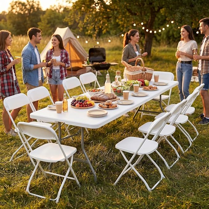 Sweetcrispy 8 FT Folding Picnic Table Easy to Fold and Store, Foldable Table for Camping Picnic Dining Party Kitchen Outdoor Indoor with Carrying Handle