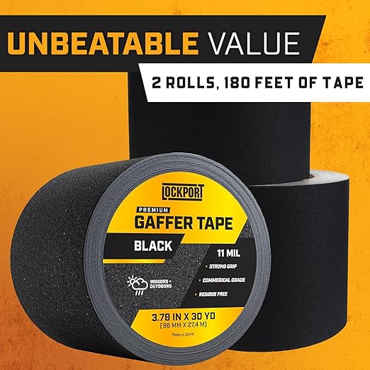 Lockport Black Gaffers Tape 4 inch x 30 Yards - 2 Pack Pro Black Gaff Tape - No Residue, Water Resistant, Non- Reflective, Easy Tear - Multipurpose Photography, Filming, Stage, Production, and More