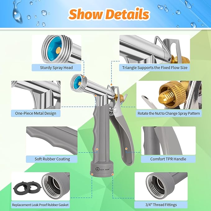 AUTOMAN Full Size Garden Hose Nozzle, High Pressure Pistol Grip Water Nozzle Sprayer with Threaded Front, Adjustable Spray Water Flow for Washing Car, Cleaning Ground, Watering Plants, Showering Pets