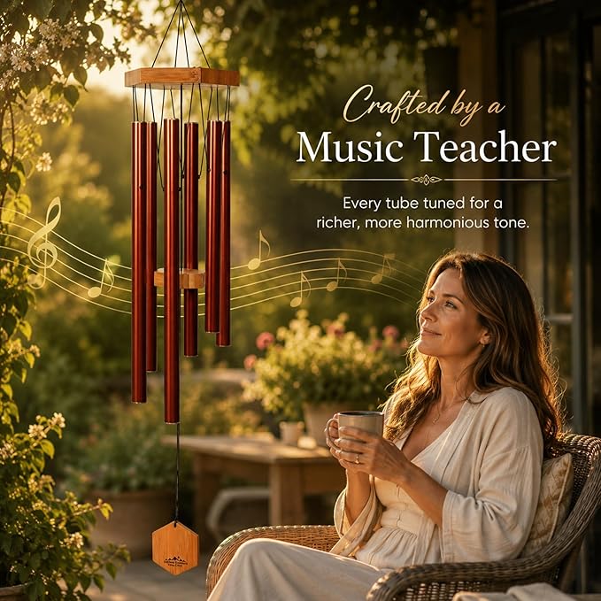 Copper Red Wind Chimes for Outside, 29 Inch Hand Tuned G Major Pentatonic Wind Chime, Memorial Sympathy Gift for Loss of Loved One, Deep Tone Aluminum Bamboo Garden Patio Porch Decor