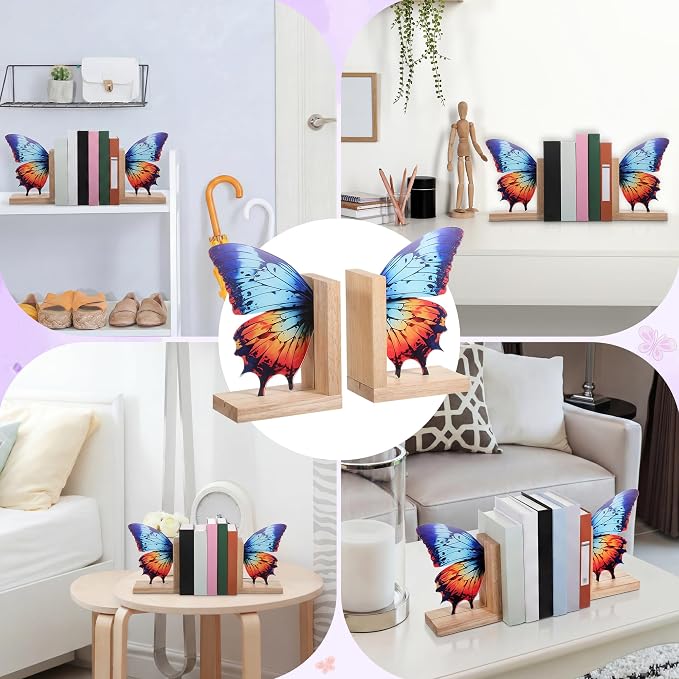 Decorative Butterfly Bookends Wooden Acrylic Butterflys Bookend Modern Bookshelf Decor Accent Book Stopper Decor for Home Farmhouse Shelves Office Lover Gift(Aglais Butterfly)