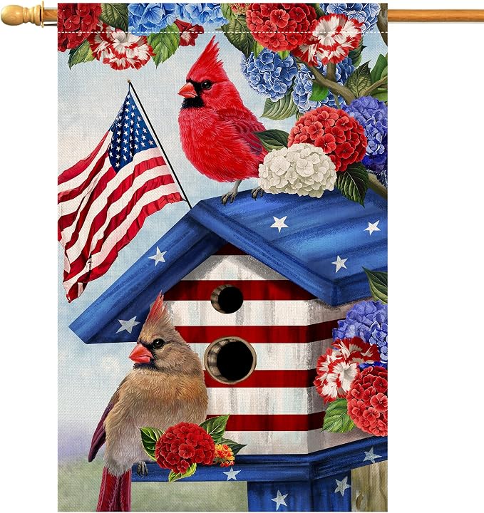 BLKWHT 4th of July Cardinal Bird House Flag 28x40 Vertical Double Sided Red Blue Floral Memorial Day Independence Day Holiday Outside Decorations Burlap Yard Flag BW824-40