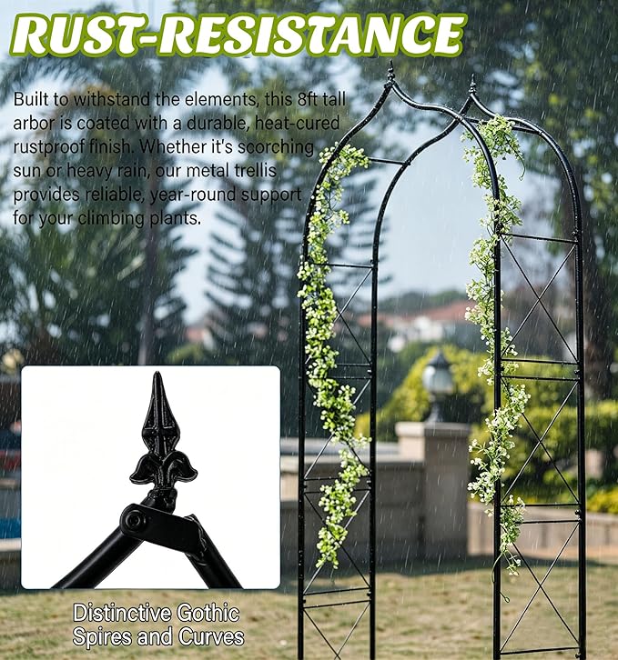 Metal Garden Arbors 8Ft Heavy Duty, Arch Trellis for Climbing Plants | Outdoor Arbor Thickened Metal Frame Trellises Grapes Rose Yard Entrance Wedding Arched Backdrop Stand Party Event Decoration