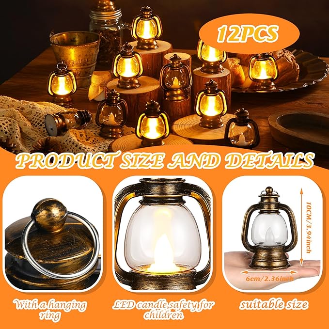 Ferraycle 12 Pcs Mini Lantern Decor 4 Inch Western Lantern Table Centerpiece Small Vintage Camping Hanging Lamp Ornaments Bulk for Cowboy Cowgirl Wedding Halloween Christmas (4 Inch,Retro Gold)