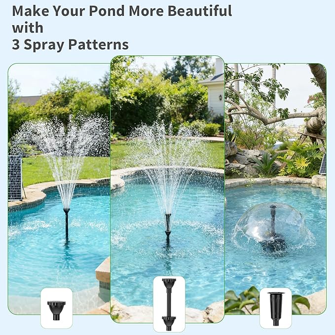 POPOSOAP 120W Solar Water Fountain Pump, 1600GPH Adjustable Flow & Dry-Run Protection Pond Pump, Dual Solar Panels, 3 Spray Nozzles, Solar Fountain Pump Kit for Outdoor Ponds, Water Garden P1200