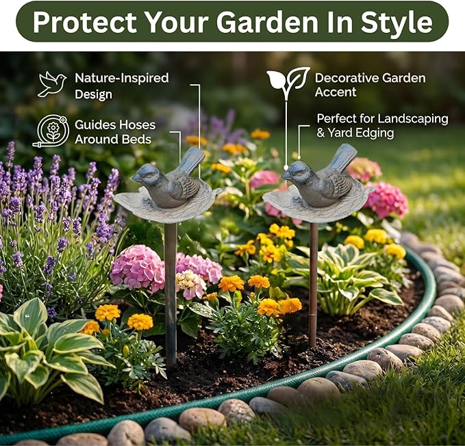 Carvers Olde Iron Decorative Garden Hose Guide Stake – 19" Solid Aluminum Heavy Duty Hose Protector for Landscaping, Flower Beds & Yard Edging - Bird