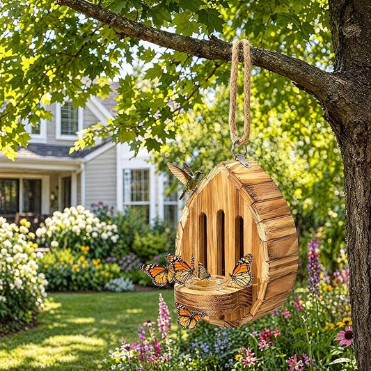 Butterfly House for Outside, 2026 Upgrade Butterfly House Wooden Shelter, Wooden Butterfly Habitat Nesting Box with Feeder Hanging Garden Decoration for Butterflies, Moths & Lacewings