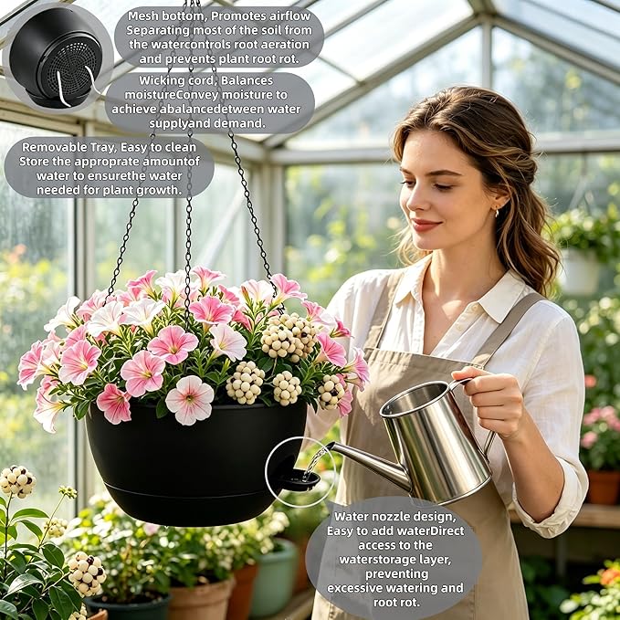 2 Pack 12" Self Watering Hanging Planters, Black with Chains | Plastic hanging baskets with 43 Oz removable reservoir, for indoor outdoor plants, patio porch garden balcony decor