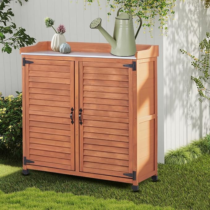 Outdoor Storage Cabinet & Potting Bench Table with Metal Work Top, Vented Louvered Doors, Wooden Patio Furniture, Garden Workstation, Latte, 36x31x17in