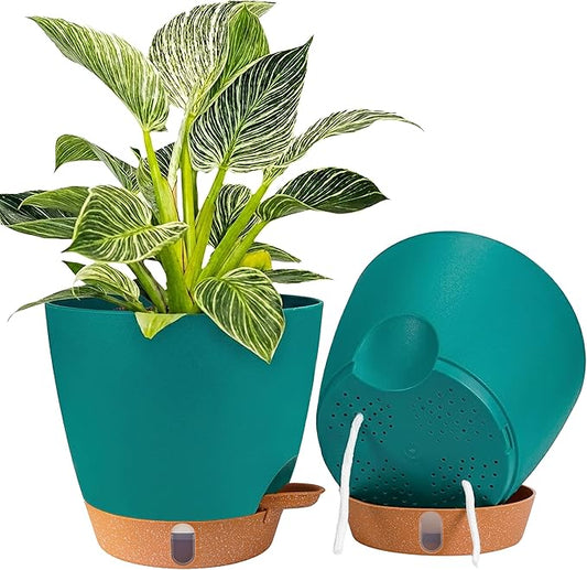 2 Pack 8 inch Plant Pots, Plastic Self Watering Planters with Drainage Holes, Deep Reservoir, Water Level Indicator, Modern Decorative Flower Pots for Indoor Outdoor Plants (Turquoise)