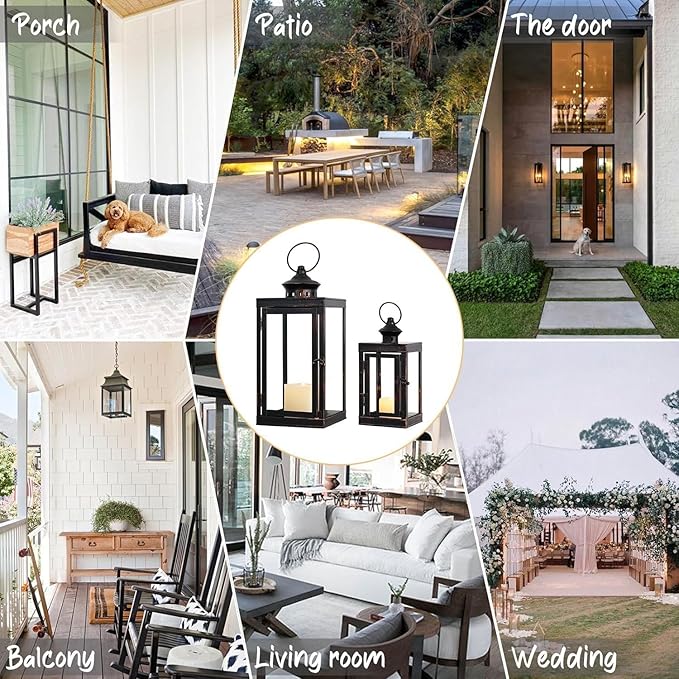 Large Lantern Decorative Outdoor & Indoor, Set of 2 (14’’&10’’) Metal Candle Lanterns Decor, Vintage Hanging Candle Holder for Front Porch Patio Wedding Farmhouse Home, Spring Decoration
