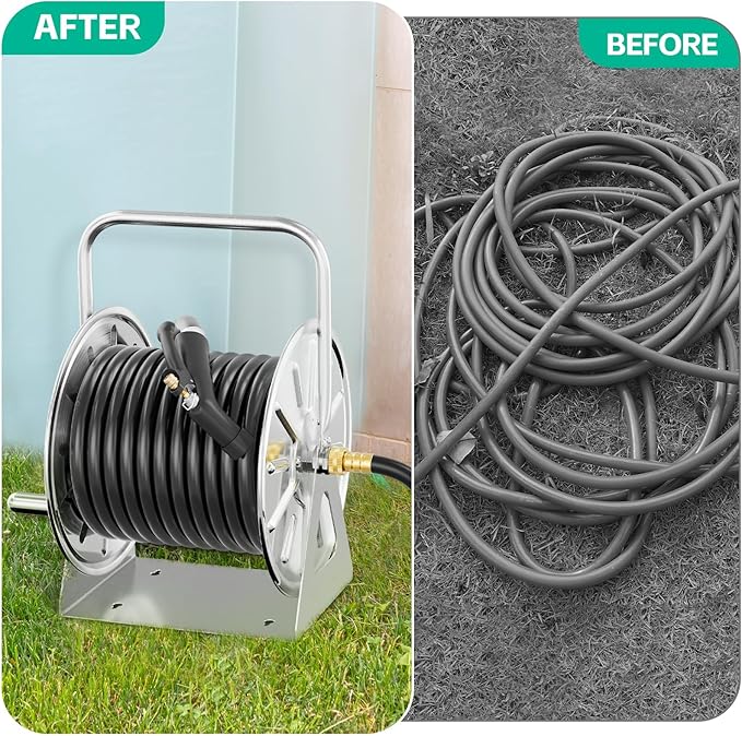 SPECILITE Stainless Steel Garden Hose Reel, Portable Outdoor Metal Wall Mount/Floor Spool, Holds 5/8 Inch 75ft Capacity, with 6ft Leader Water Pipe, UV Resistant Yard, Patio
