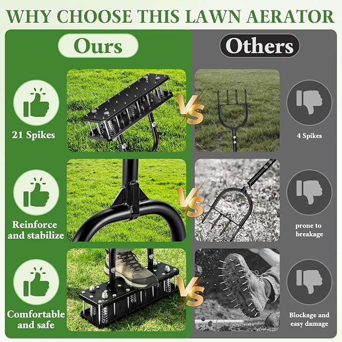 Lawn Aerator, 21 Pre-Assembled Metal Spikes, Automatic Dirt & Leaves Clean, Ergonomic Design, Soil Lawn Aerating Tools for Yard Lawn and Garden, Lawn Aerator Spikes aerating Tool