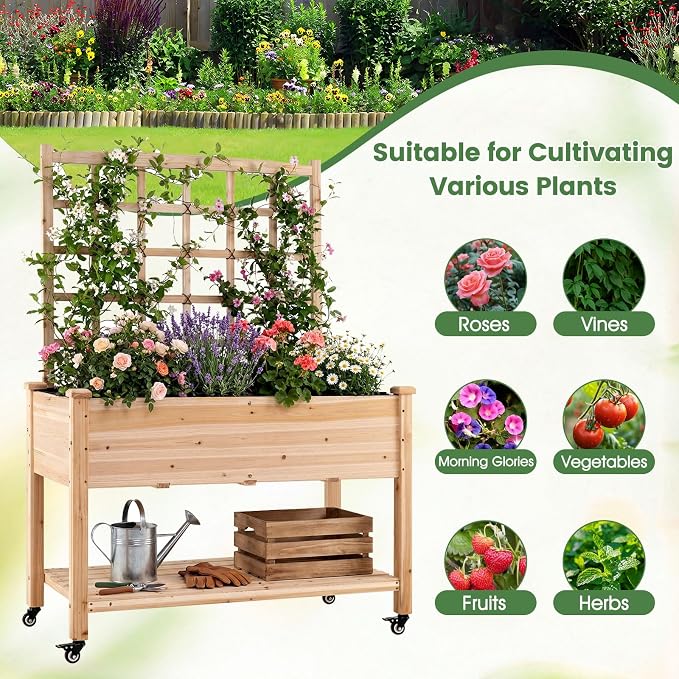 Giantex 65'' Wooden Raised Garden Bed w/Trellis on Wheels, Mobile Elevated Planter Box w/Legs, Liner & Drainage Holes for Climbing Plant Vegetable Herb Flower, Outdoor Garden Box, Backyard Balcony