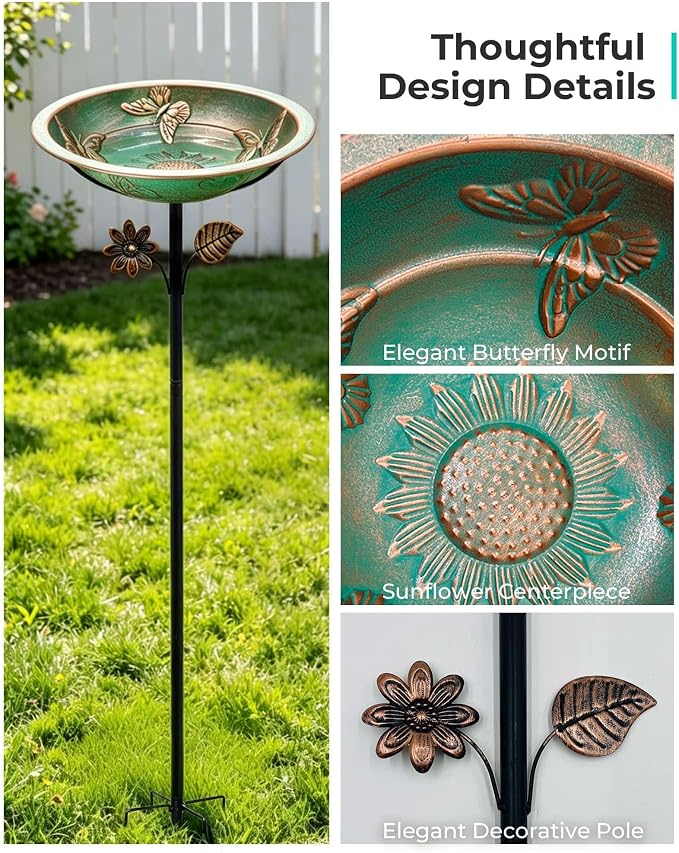 Metal Bird Bath for Outside, 13" Diameter Bird Bath with Removable Bowl, Heavy Duty 5-Prong Stake Base, Freestanding Outdoor Birdbath for Garden Patio Yard (Verdigris Butterfly & Sunflower)