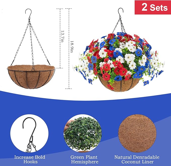 Hananona 2 Set Artificial Outdoor Flowers with Hanging Basket, 2 Hanging Planters with 24 Pcs Patriotic Flowers for Summer Front Porch Patio 4th of July Decor (Red, White, Blue)