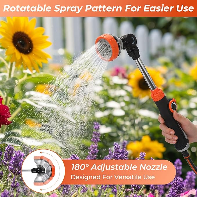 Chumia 2 Pack Metal Watering Wand with 8 Adjustable Spray Patterns 18'' Hose Nozzle Sprayer Heavy Duty 180° Rotating Thumb Control Watering Wand for Garden Lawn Hanging Baskets Orange Blue