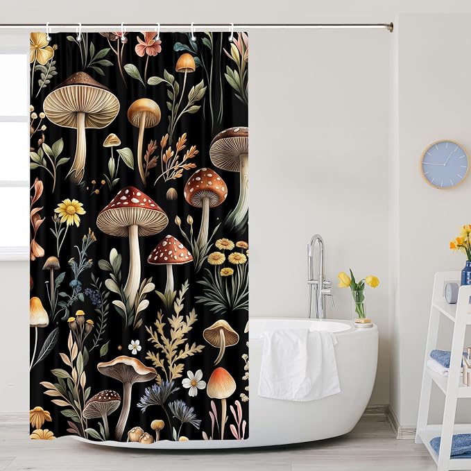 Vintage Mushroom Shower Curtain, Witchy Aesthetic Black Boho Floral Retro Botanical Shower Curtain Set, Fairy Dark Wildflower Plant Decorative Farmhouse Bathroom Accessories Curtain with Hook 36X72IN
