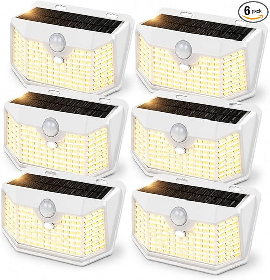 HMCITY 120 LED Solar Lights Outdoor with Motion Sensor and 3 Lighting Modes, IP65 Waterproof Wide Solar Wall Lights Ideal for Garden Patio Yard (Front Button 6Packs, White Shell-Warm White)