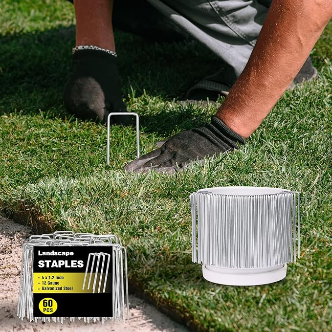 60 Pack 4 Inch Landscape Staples, Garden Staples 12 Gauge Galvanized Ground Stakes Lawn Yard Staples SOD U-Shaped Pins for Gardening Irrigation Tubing Landscaping Fabric