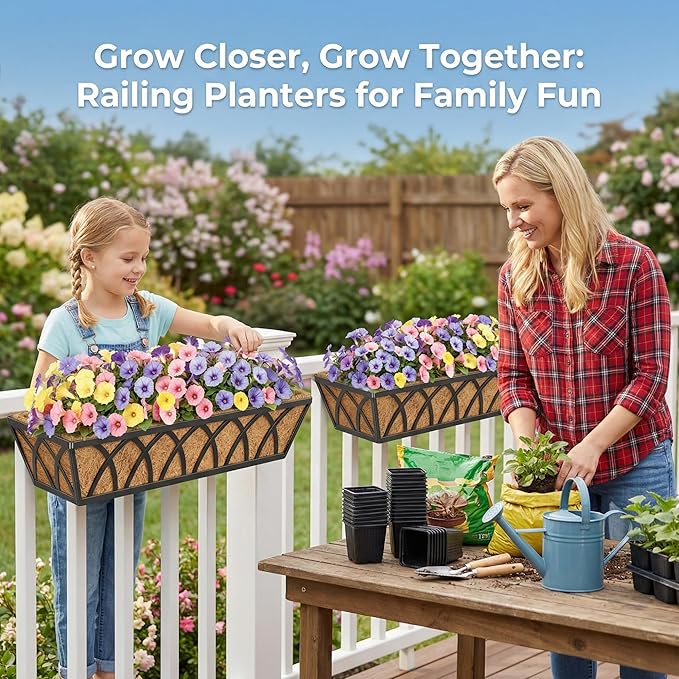 HFHOME 2 Pcs 30" Deck Railing Planter Box with Horse Trough Coco Liners, Black Window Box Metal Hanging Flower Planters Baskets for Indoor, Outdoor, Balcony, Porch, Fence, Patio, and Lawn