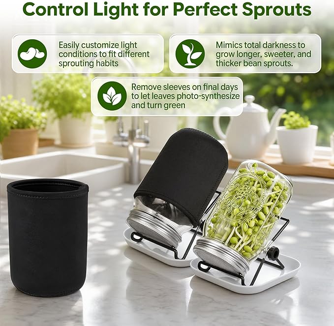 4 Pack Sprouting Jar Kit with Wide Mouth Mason Jars, Sprouting Lids, Stands, Drip Trays and Brushes, Seed Sprouter Set for Growing Broccoli, Mung Bean and Fresh Sprouts for Indoor Kitchen Use