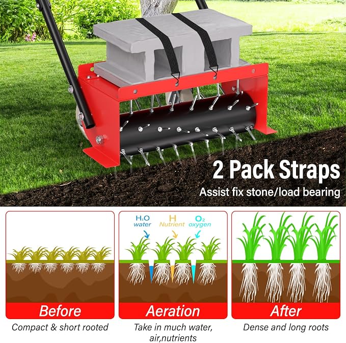 VASALAID Manual Push Spike Rolling Lawn Aerator, Pre-Attached Spike Grass Rolling Aerators Tool with Wheels for Lawns, Garden, and Yard Grass