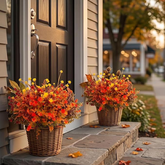 Hananona 48 Pcs Artificial Fall Flowers Outdoor, Faux Artificial Plants UV Resistant Plastic Autumn Flower for Hanging Planter Front Door Porch Window Home Decor (48, Orange)