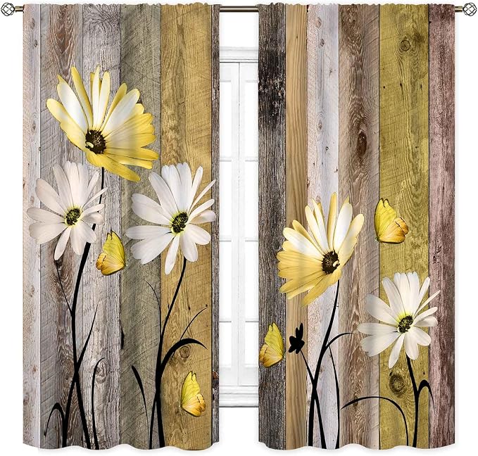 Farmhouse Daisy Curtains, Rustic Wooden Flower Retro Yellow White Floral Spring Butterfly Rural Country Style Window Curtains for Living Room Bedroom Kitchen Bathroom 2 Panels, 84"x84" Inch