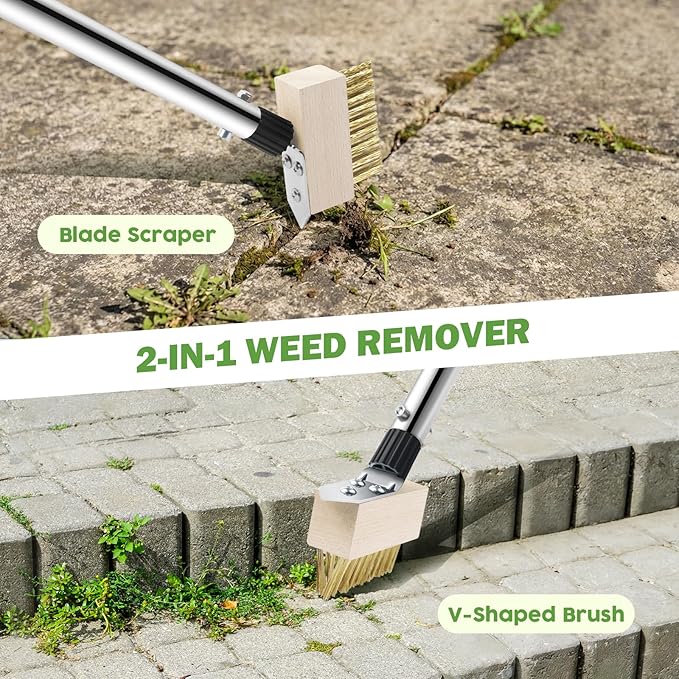 Crack Weeder Tool Set, Weed Scraper Tool Moss Brush Scraper Set Combo, 60" Crevice Weeding Tool for Sidewalk Cracks, 3 Different Weed Remover Tool Heads for Driveways, Patios, Pavers, Garden Cracks