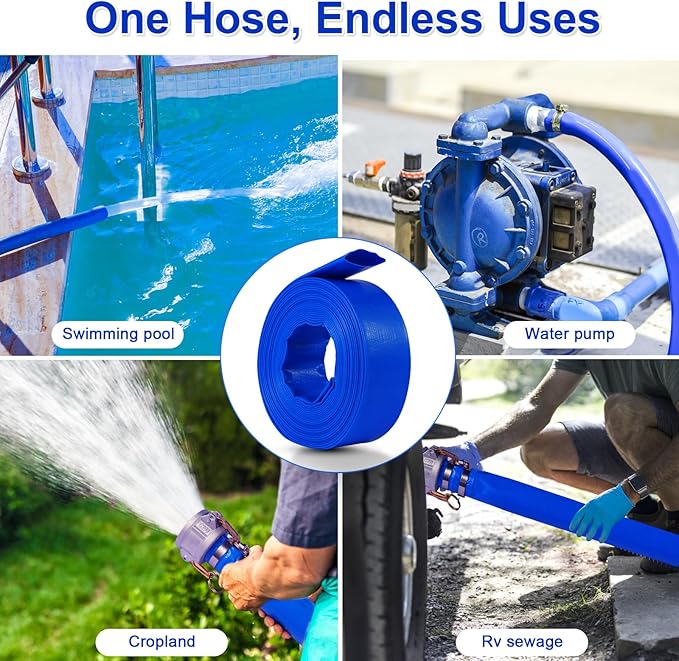 2-Inch 50FT Pool Backwash Hose – Fits Pump Outlets with Outside Diameter 1.6" to 2", Heavy-Duty, Includes 2 Stainless Steel Clamps, for Above-Ground Pools, Sump Pump Discharge