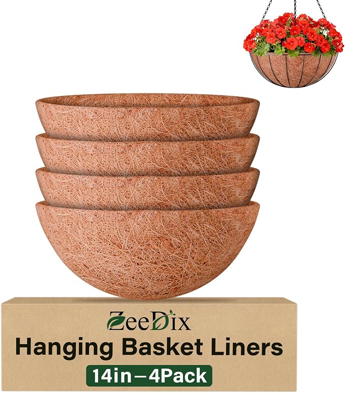 ZeeDix 4 Pack 14 Inch Coconut Liners for Planters, Round Hanging Basket Liners Natural Coco Coir Replacement Liner for Flowers Vegetables Patio Porch Garden Decor