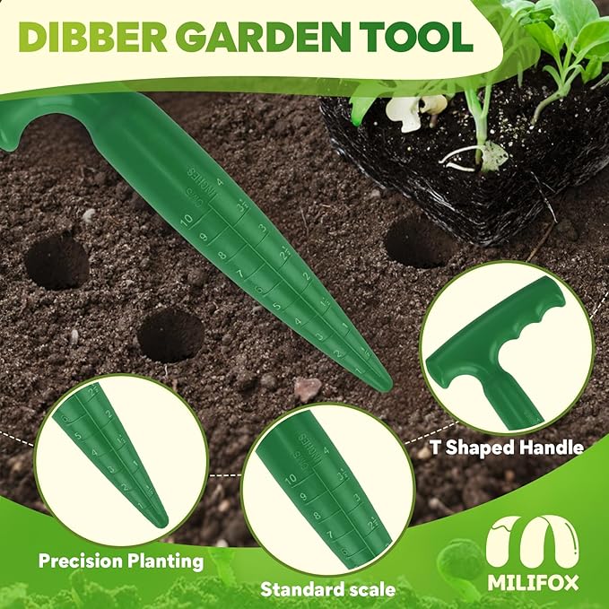 Seed Planter Tool, T-Handle Seed Dibber with Scale, Seed Spreader Tool with 5 Adjustable Holes, Dibbler Gardening Tool for Trays, Raised Bed, Balcony Garden (Dark Green 2PCS)
