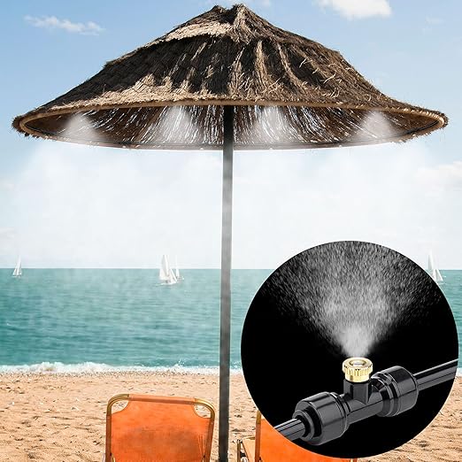 Misting Cooling System 32.8ft(10M) Misting Line + 10 Brass Mist Nozzles + a Faucet Connector (3/4") Fan Misting Kit Outdoor Mister for Patio Garden Greenhouse Trampoline for waterpark