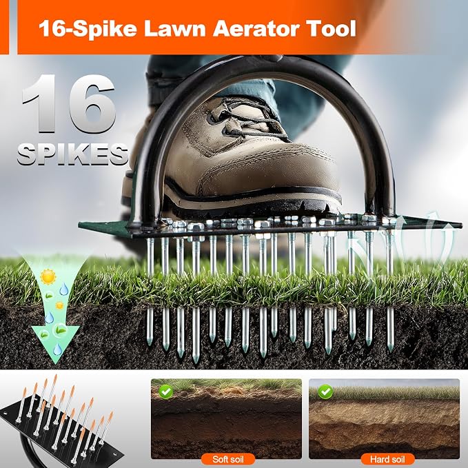 Bluesea Lawn Aerator Tool - 16 Iron Spikes with Ergonomic T-Handle, Automatic Dirt Clean for Soil Loosening & Yard Aeration, Manual Metal Grass Aerator (Green)