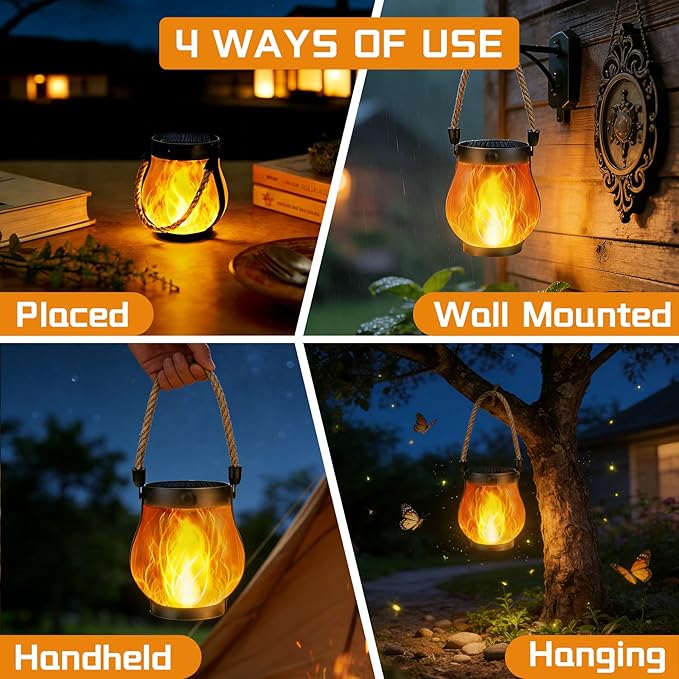 2 Pack Solar Lanterns Outdoor Waterproof, Flickering Flame Hanging Lanterns Decorative Outdoor with 2 Modes, Dual Charging USB & Solar-Powered Outdoors Lantern for Porch Yard Patio Tree Garden Decor