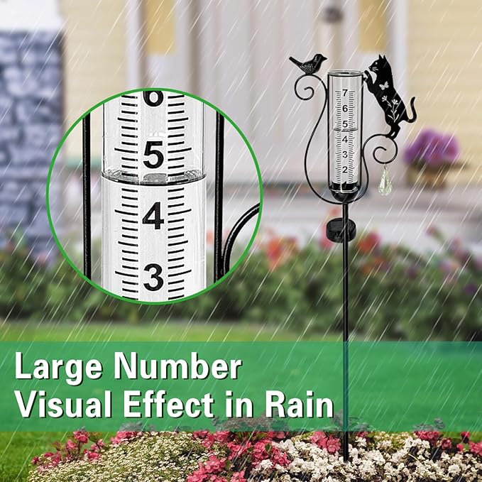 Rain Gauge Outdoor,Decorative Metal Black Cat and Bird Solar Light Stake with Glass Rain Gauges for Yard,Garden,Lawn, Pathway