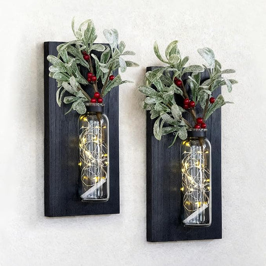 Heiple 2 Pack Wall Planters for Indoor Plants, Wood Glass Decor for Bathroom, Bedroom Living Room, Modern Farmhouse Wooden Pocket Wall Vases for Dried Flowers and Plastic Plants (Black)
