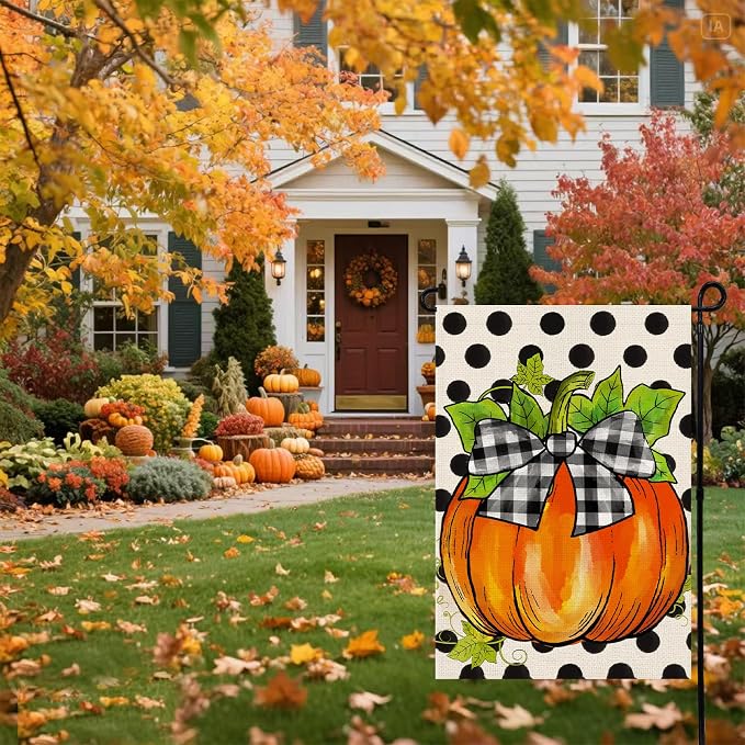 Hello Fall Pumpkin Garden Flag 12x18 Inch, Double Sided Autumn Thanksgiving Holiday Burlap Yard Flag for Outdoor Decoration