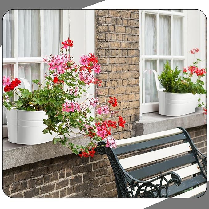 Hicarer Metal Hanging Flower Pots for Railing Fence, Large Hanging Rail Planters for Outdoor Window Balcony Plants Holder with Hooks for Garden Yard Home Decor(White,4 Pcs)