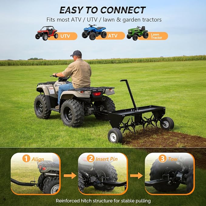 VINGLI 40" Tow Behind Lawn Plug Aerator with Weight Tray, 24 Knives, Adjustable Handle & 10" Inflatable Wheels, Universal Hitch for Lawn Tractor ATV UTV, Garden, Yard, Farm, Black
