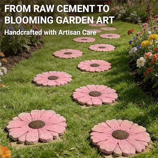 2 Pack Daisy Cement Stepping Stones 10 Inch, Heavy Duty Garden Pathway Stones, Non Slip Outdoor Walkway Decor for Yard Patio Lawn, Weather Resistant Cement Stepping Stones (Pink)