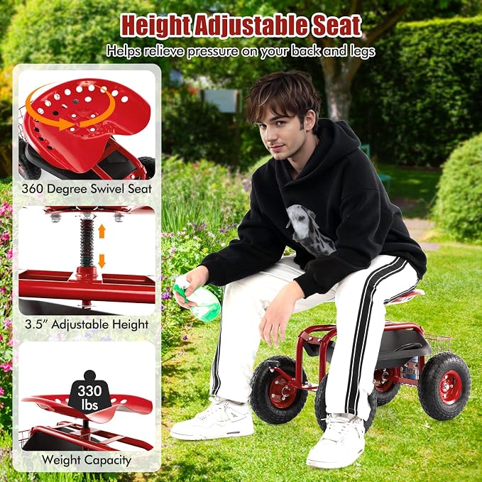 Goplus Garden Seat with Wheels, Rolling Garden Cart with 360 Degree Swivel Seat for Planting, Gardening Stool w/Tool Tray, Basket, Gardening Chair Workseat, Patio Wagon Scooter for Seniors