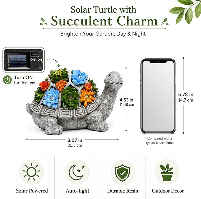 Nacome Solar Garden Outdoor Statues Turtle with Succulent and 7 LED Lights - Lawn Decor Statue for Patio, Balcony, Yard Ornament - Gifts for Mom Grandma Women