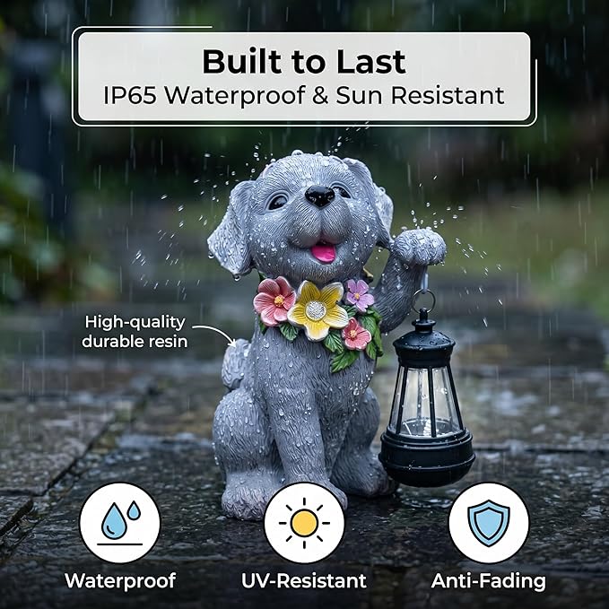 Dog Solar Light, Solar Dogs Statues Outdoor with Lantern, Cute Dogs Garden Figurines for Patio and Yard Decor, Gardening Gifts for Mom, Grandma, Dog Lovers