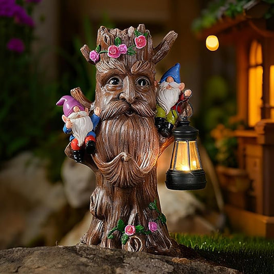 Joint Honglin Solar Tree Face Garden Statue with Lantern, Lighted Tree Gnome Garden Decor, Resin Forest Guardian Sculpture, Outdoor Waterproof Fairy Garden Decoration for Yard Lawn Patio Porch
