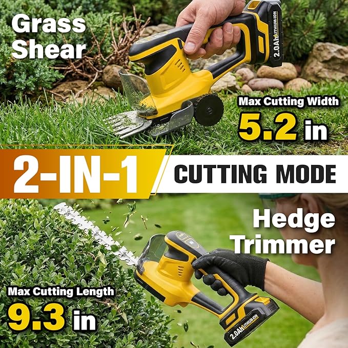 FULLYEA Cordless Hedge Trimmer, 2-in-1 Electric Shrub Trimmer & Grass Shear, Lightweight Bush Trimmer with 2 Blades & 2*2.0Ah Batteries, Handheld Grass Trimmer, Battery Powered Hedge Cutter (Yellow)