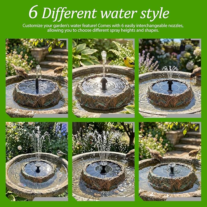 Solar Bird Bath Fountain,Premium Plastic Faux Stone Water Fountain Pump with 6 Nozzles,Eco-Friendly Direct-Drive Floating Water Feature for Birdbath,Garden,Patio,Small Pond Decoration 7.8" Bronze